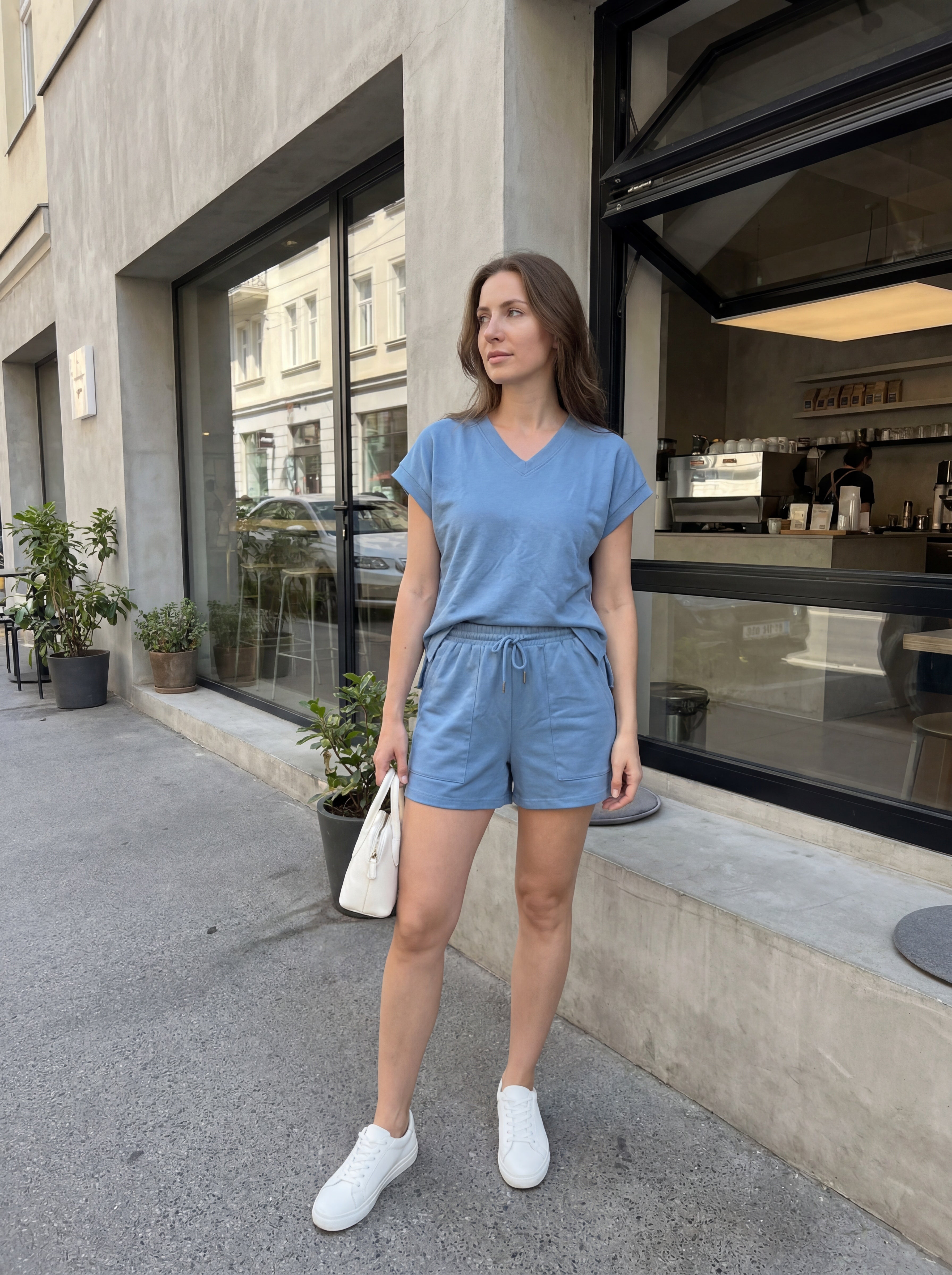 Women's Cotton Lounge Set, V Neck Top & Drawstring Shorts | TYBIDEZ