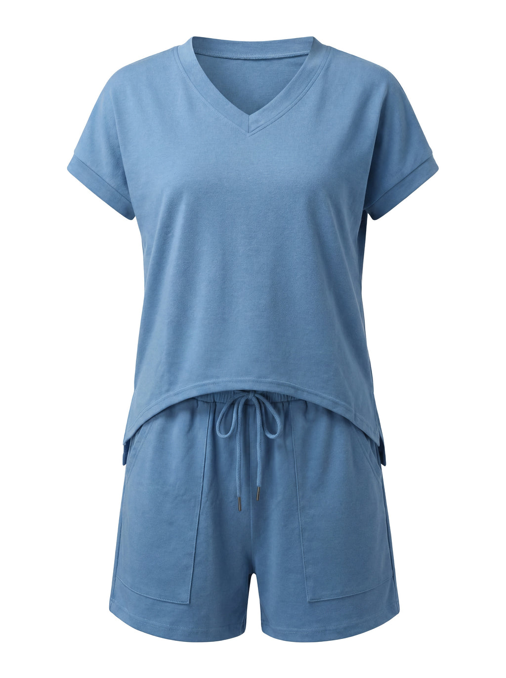 Women's Cotton Lounge Set, V Neck Top & Drawstring Shorts | TYBIDEZ