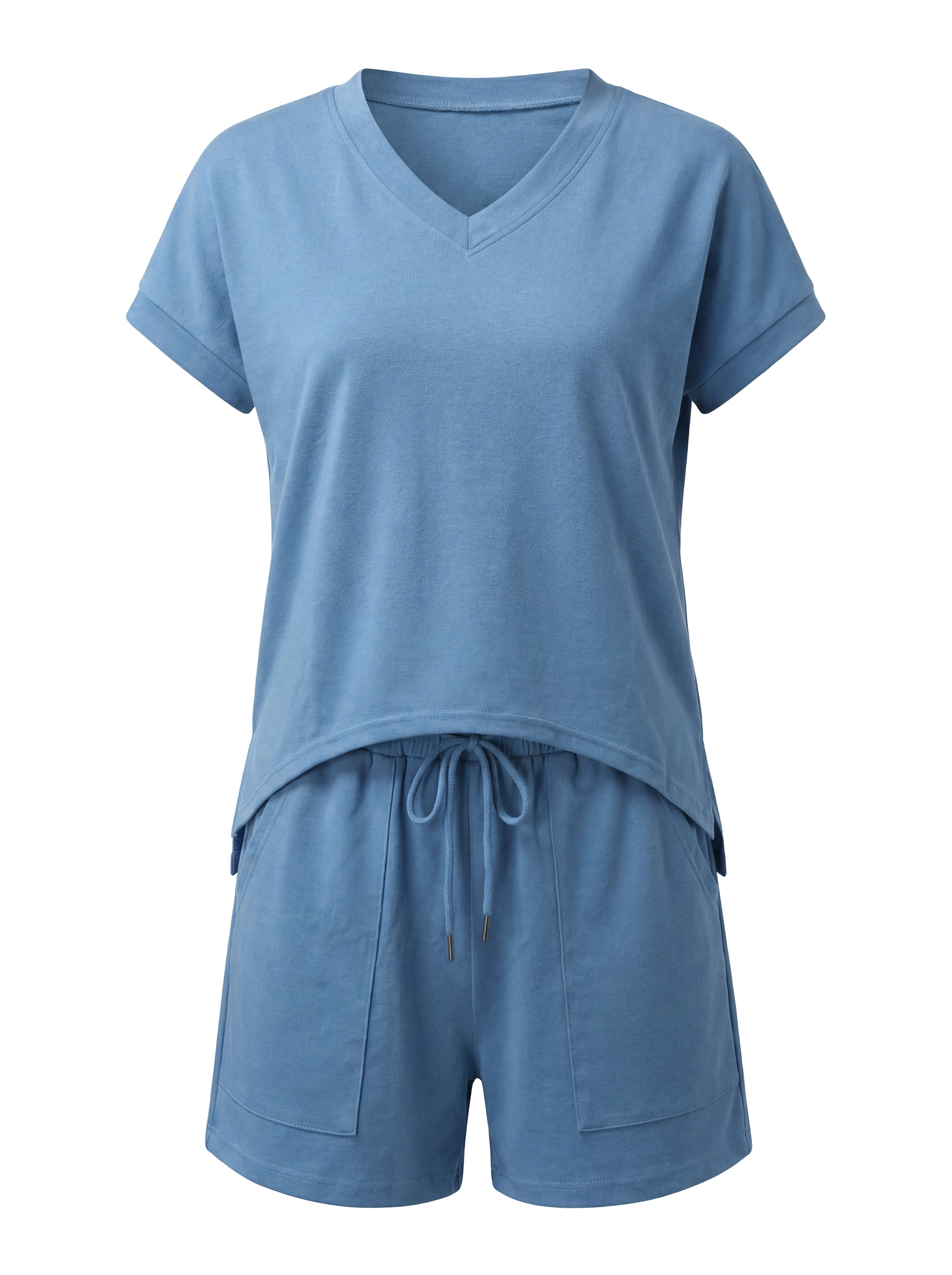 Women's Cotton Lounge Set, V Neck Top & Drawstring Shorts | TYBIDEZ