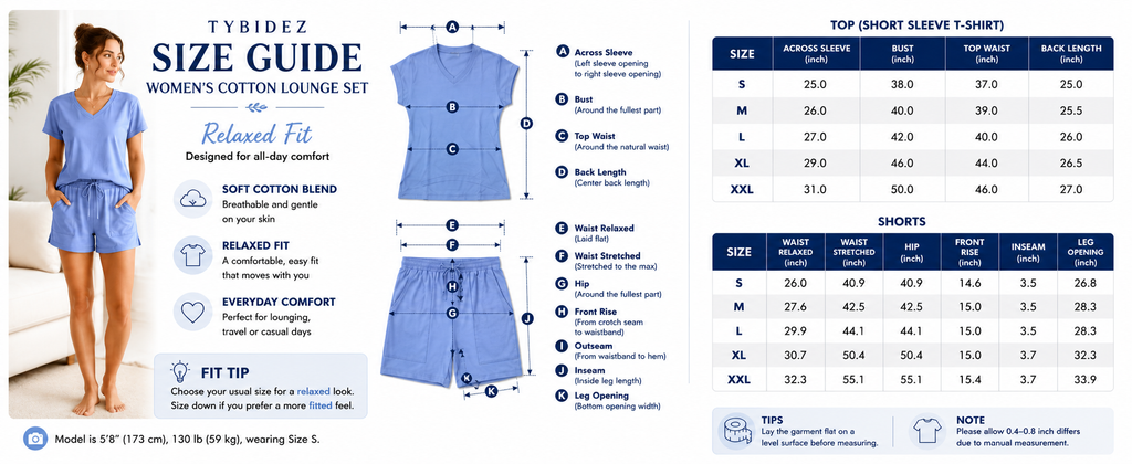 Women's Cotton Lounge Set, V Neck Top & Drawstring Shorts | TYBIDEZ