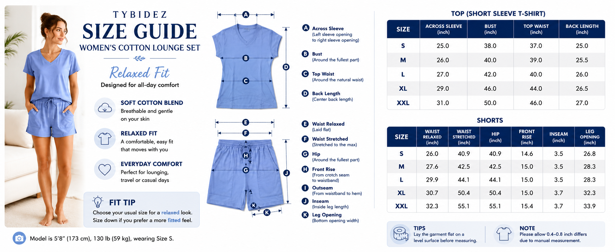 Women's Cotton Lounge Set, V Neck Top & Drawstring Shorts | TYBIDEZ