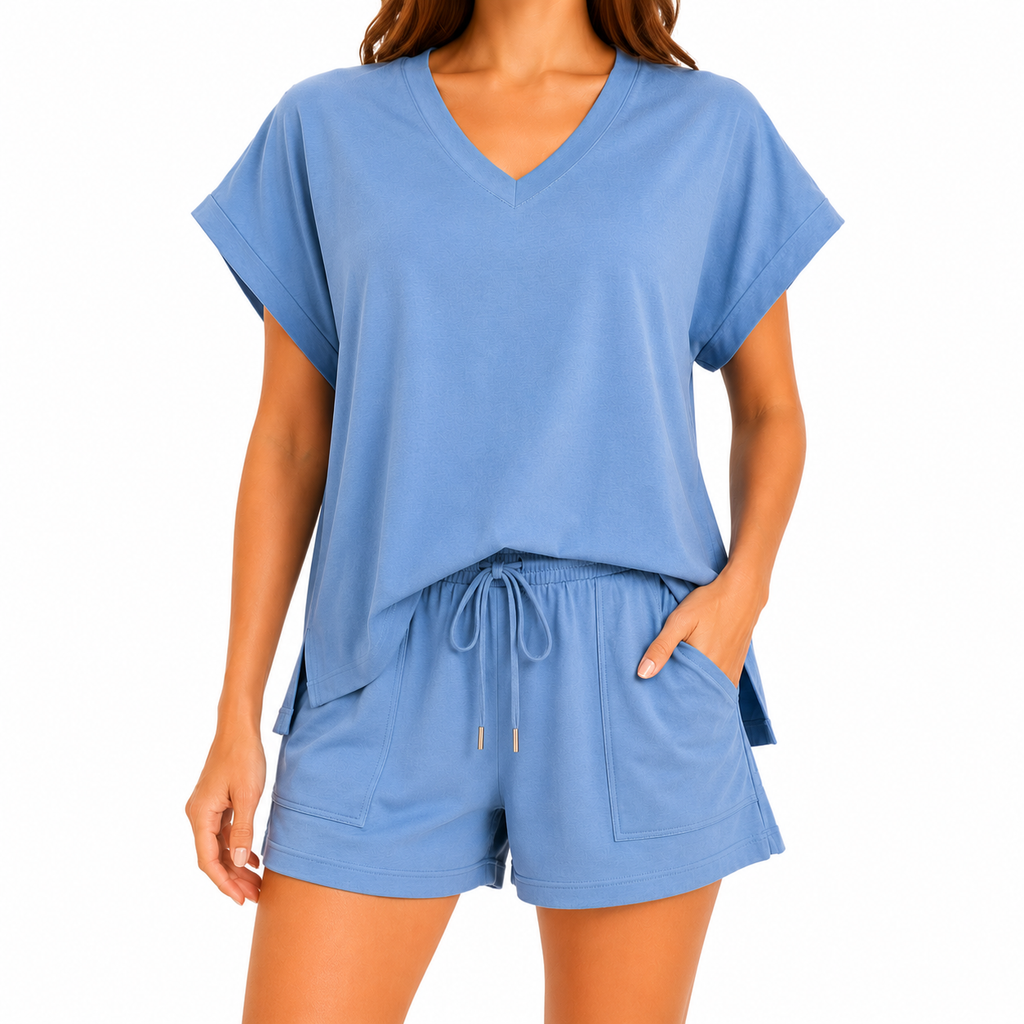 Women's Cotton Lounge Set, V Neck Top & Drawstring Shorts | TYBIDEZ