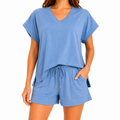 Women's Cotton Lounge Set, V Neck Top & Drawstring Shorts | TYBIDEZ
