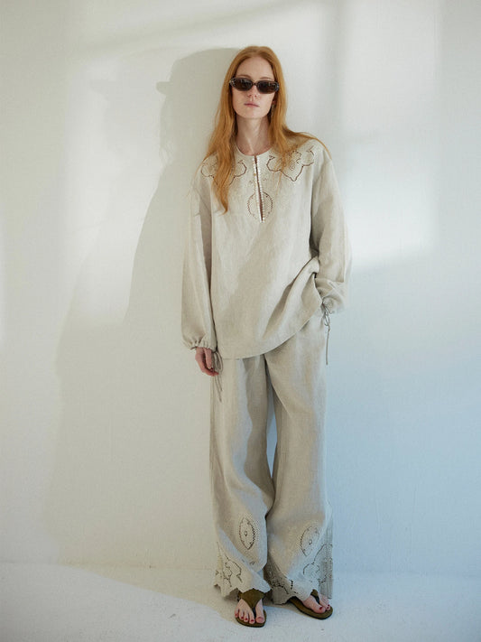 Amara embroidered linen set, front view